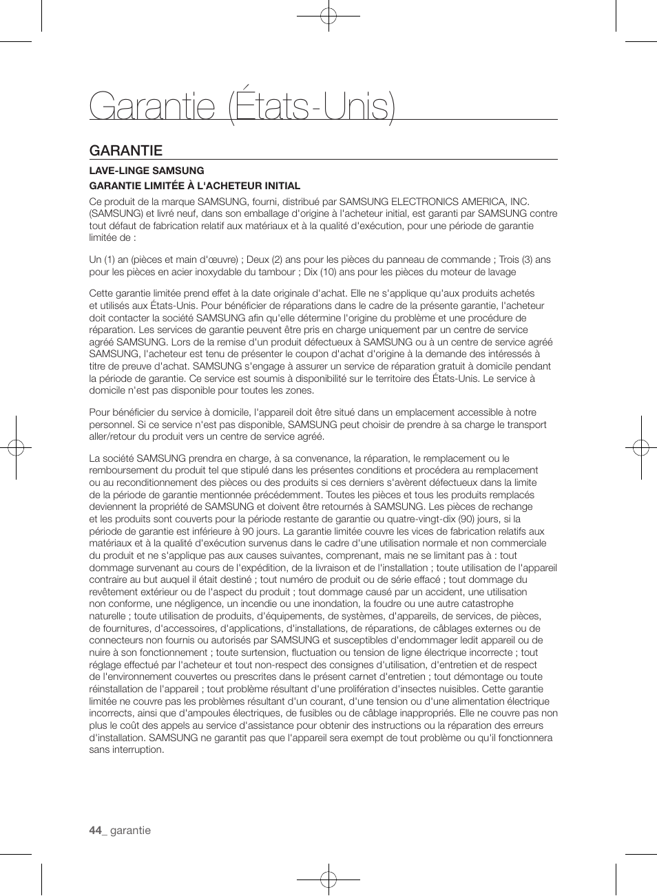 Garantie (états-unis), Garantie | Samsung WF435ATGJRA-A1 User Manual | Page 92 / 144