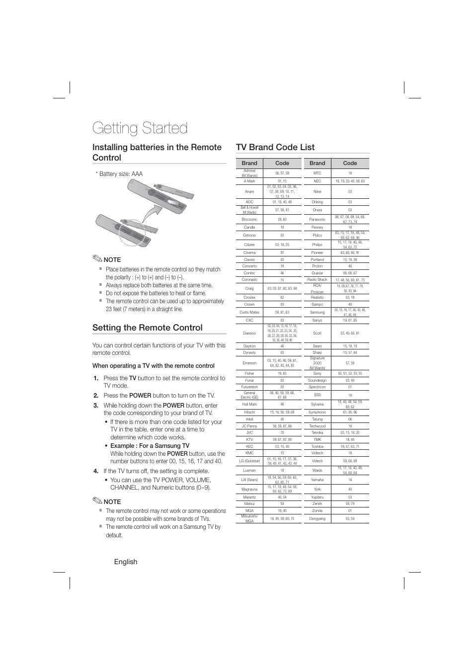 Installing batteries in the remotecontrol, Getting started, Installing batteries in the remote control | Setting the remote control, Tv brand code list, English | Samsung HT-E550-ZA User Manual | Page 14 / 45