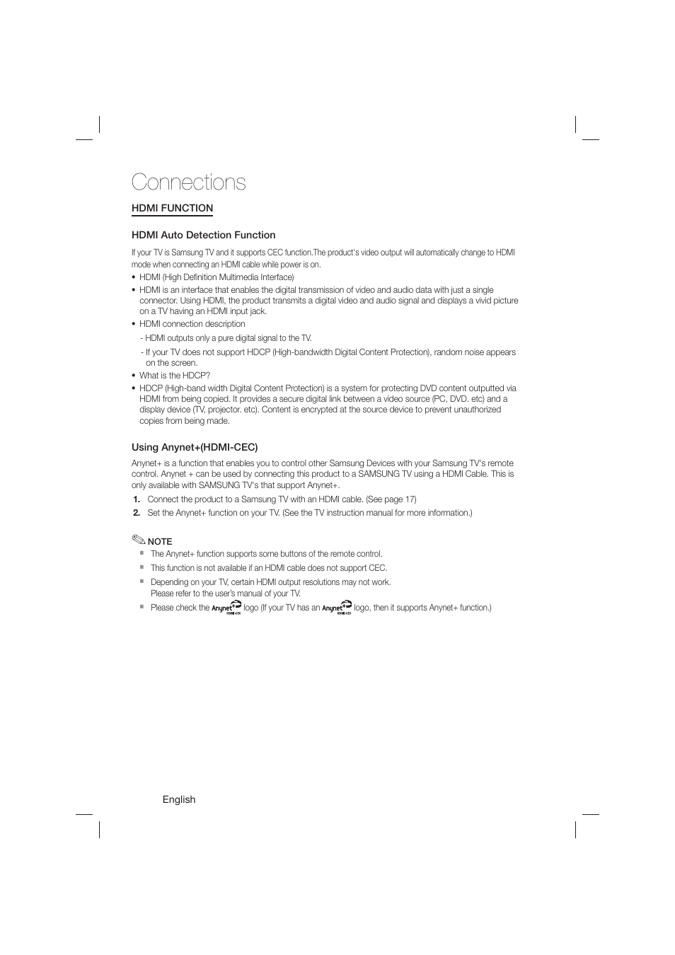 Hdmi function, Connecting the fm antenna, Connections | Samsung HT-E550-ZA User Manual | Page 18 / 45