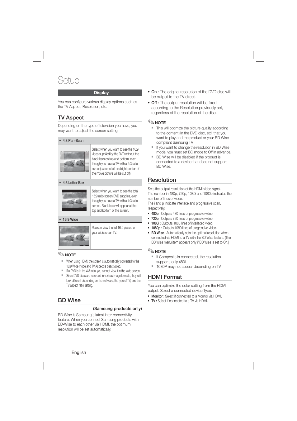 Display, Audio, Setup | Samsung HT-E550-ZA User Manual | Page 22 / 45