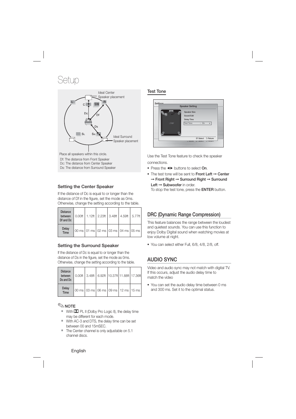 Setup, Drc (dynamic range compression), Audio sync | Samsung HT-E550-ZA User Manual | Page 24 / 45
