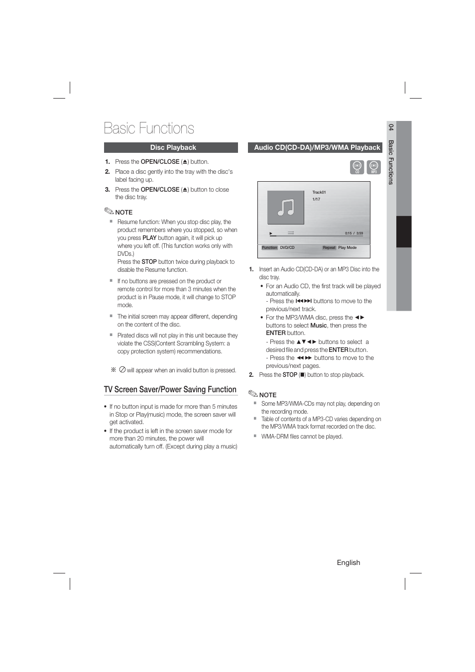 Disc playback, Audio cd(cd-da)/mp3/wma playback, Basic functions | Samsung HT-E550-ZA User Manual | Page 27 / 45