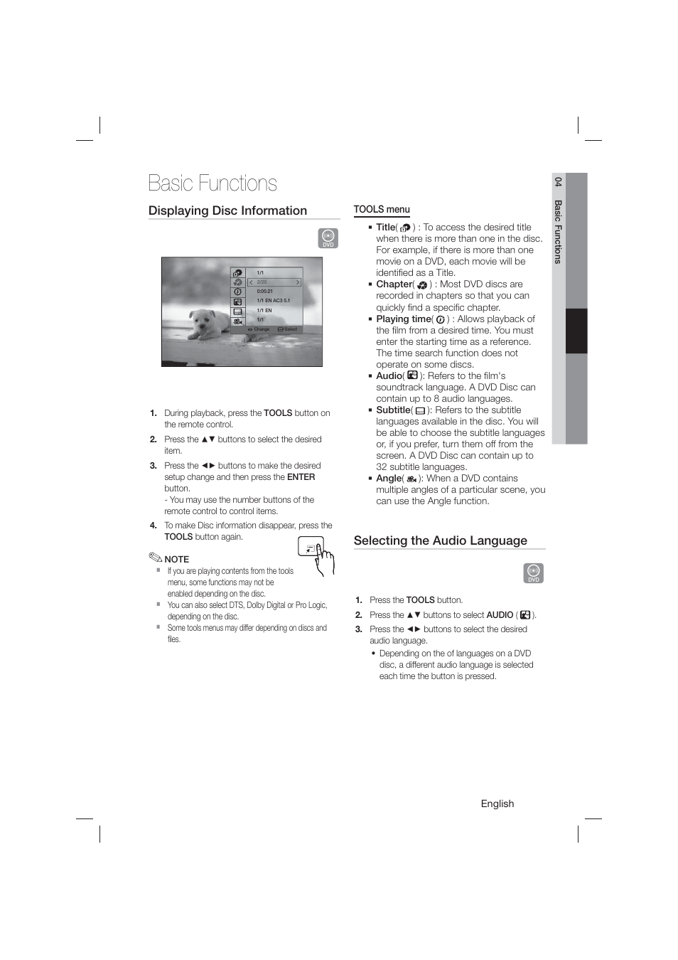 Basic functions, Displaying disc information, Selecting the audio language | Samsung HT-E550-ZA User Manual | Page 31 / 45