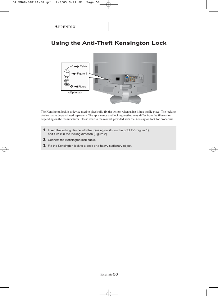 Appendix, Using the anti-theft kensington lock | Samsung LNR1550X-XAA User Manual | Page 61 / 68