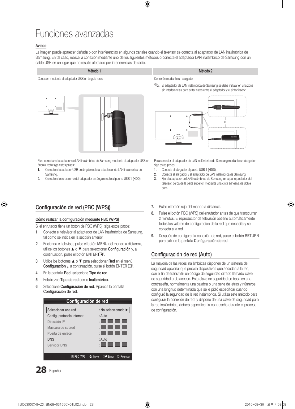 Funciones avanzadas, Configuración de red (pbc (wps)), Configuración de red (auto) | Samsung UN40C6300SFXZA User Manual | Page 80 / 104