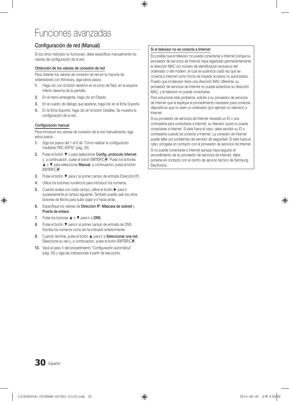 Funciones avanzadas, Configuración de red (manual) | Samsung UN40C6300SFXZA User Manual | Page 82 / 104
