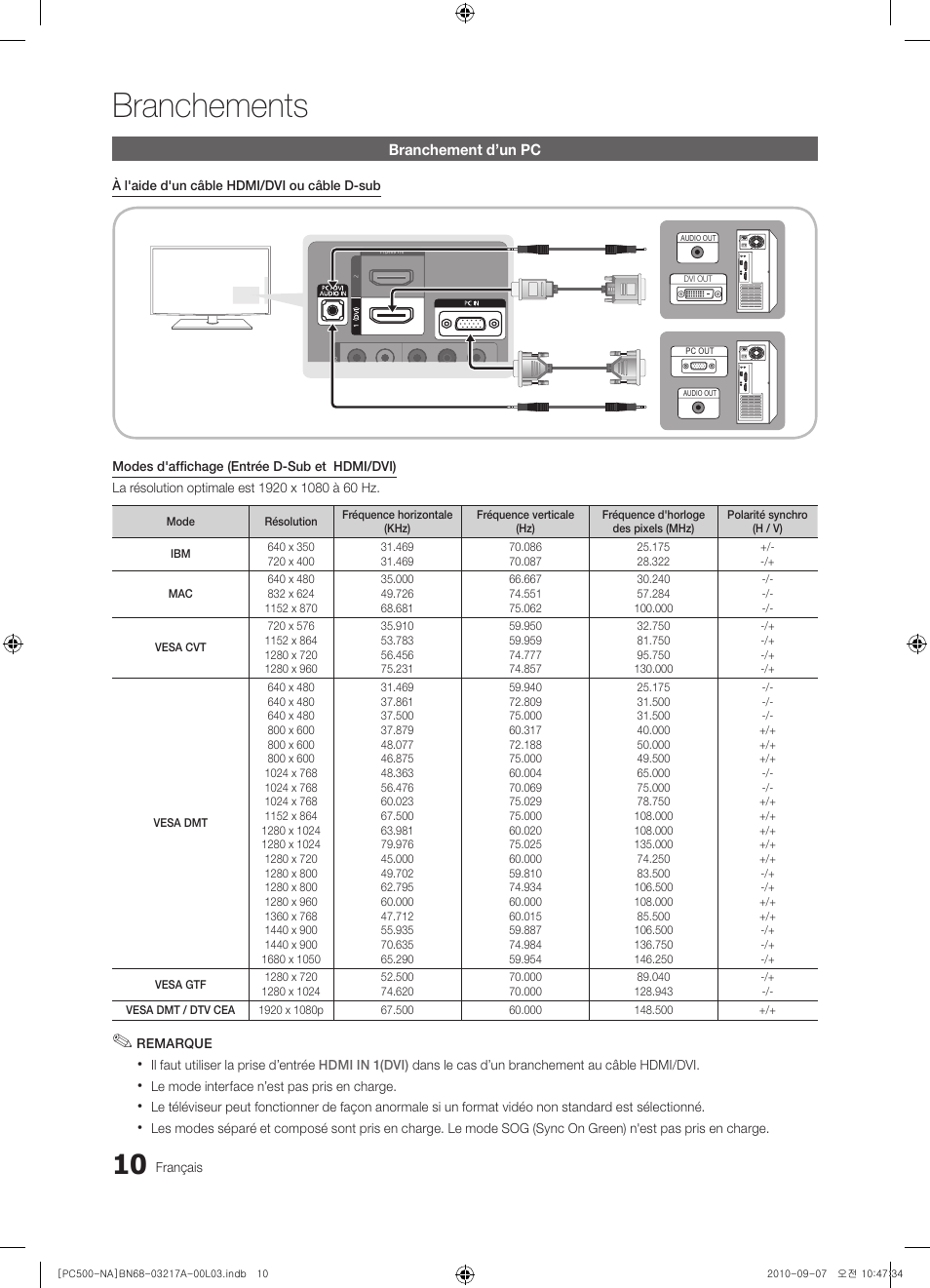 Branchements | Samsung PN58C500G2FXZA User Manual | Page 114 / 156