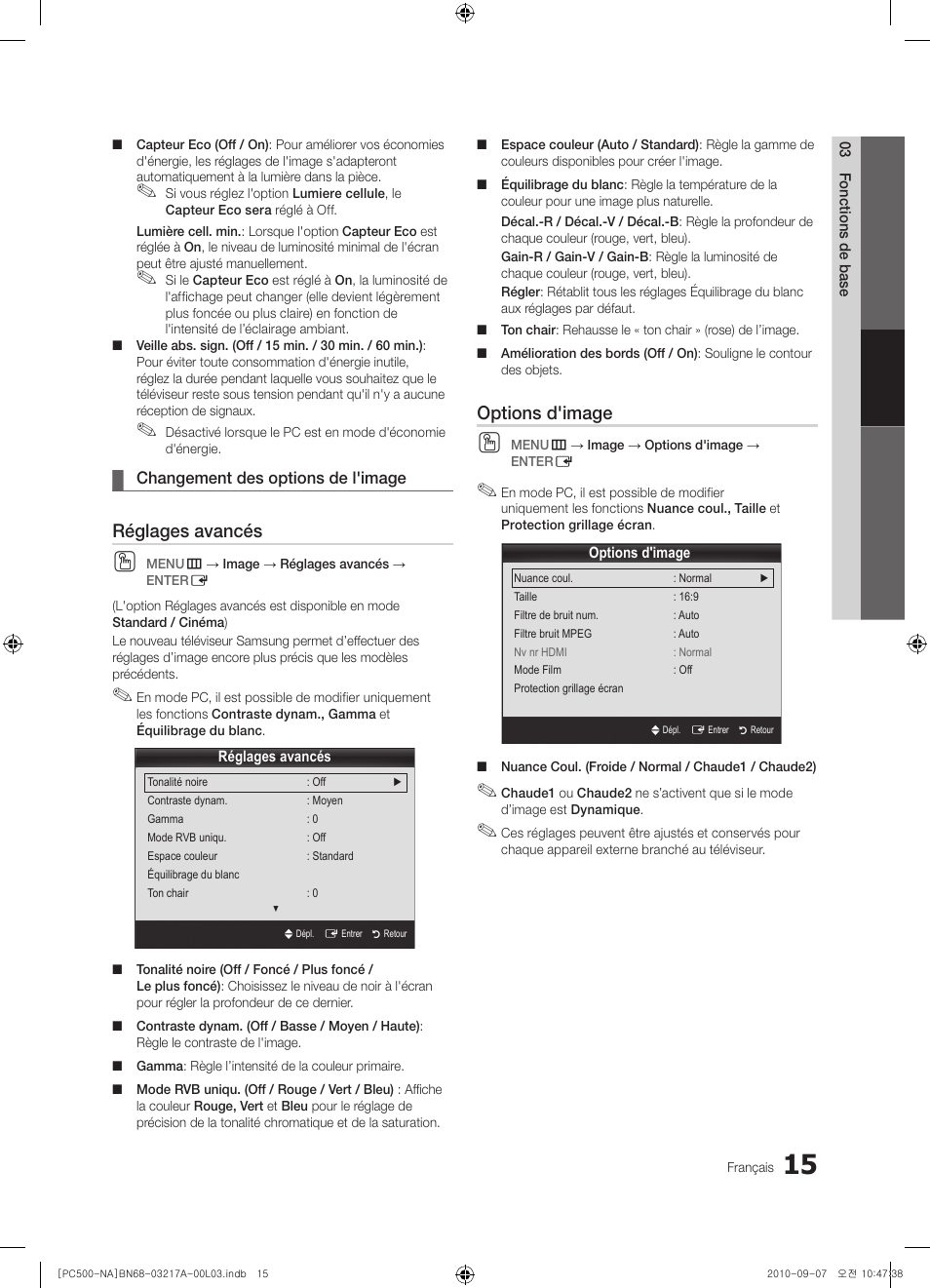 Réglages avancés, Options d'image | Samsung PN58C500G2FXZA User Manual | Page 119 / 156