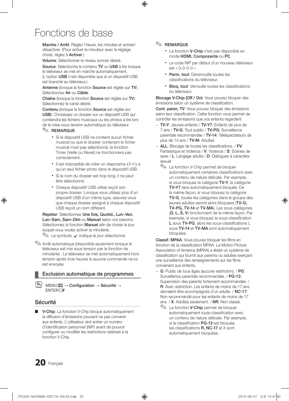 Fonctions de base | Samsung PN58C500G2FXZA User Manual | Page 124 / 156