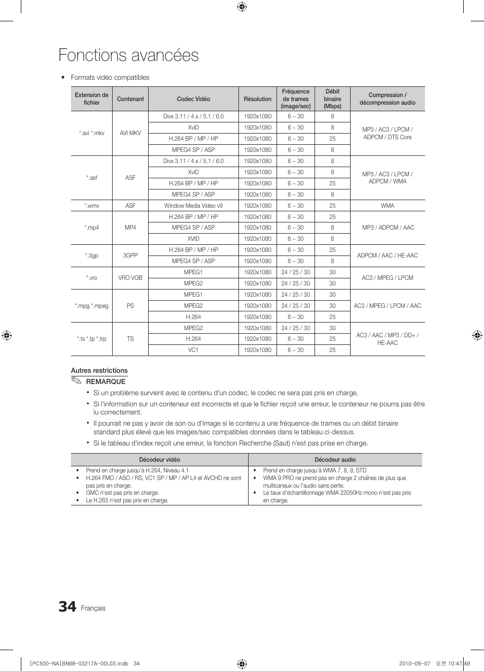 Fonctions avancées | Samsung PN58C500G2FXZA User Manual | Page 138 / 156