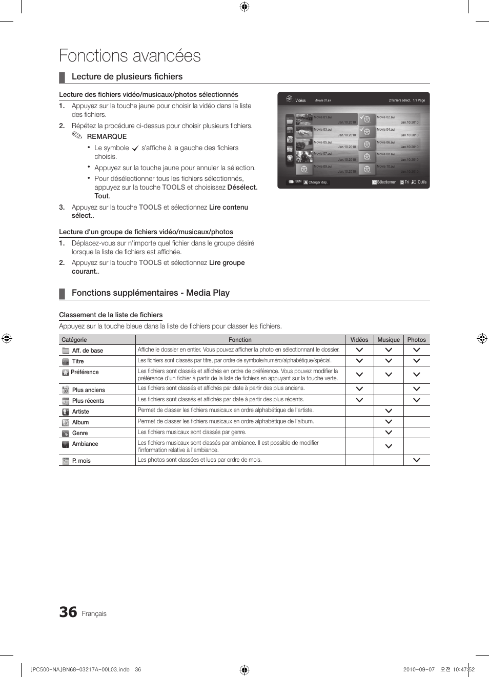 Fonctions avancées, Lecture de plusieurs fichiers, Fonctions supplémentaires - media play | Samsung PN58C500G2FXZA User Manual | Page 140 / 156