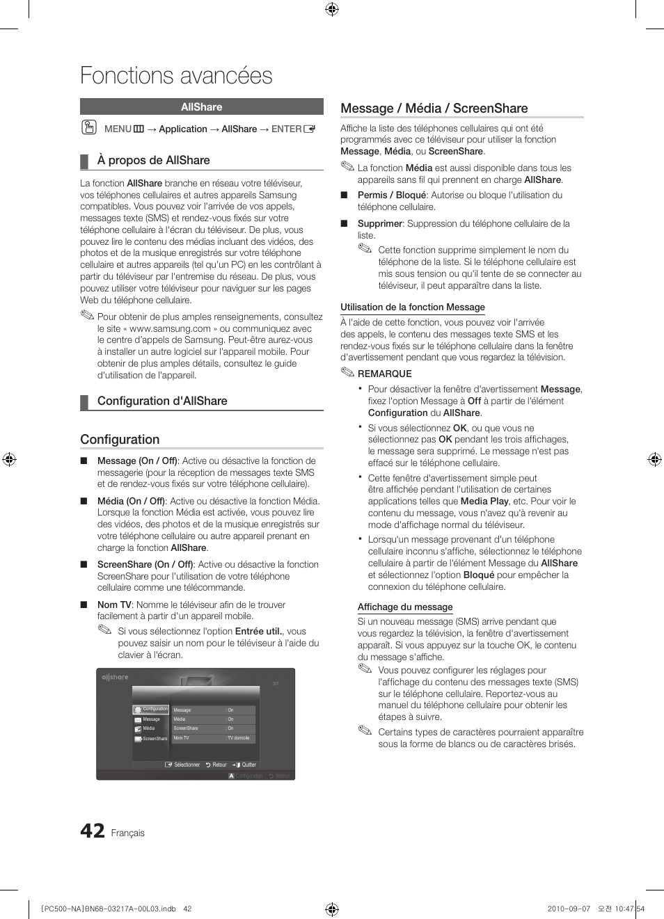 Fonctions avancées, Configuration, Message / média / screenshare | Samsung PN58C500G2FXZA User Manual | Page 146 / 156