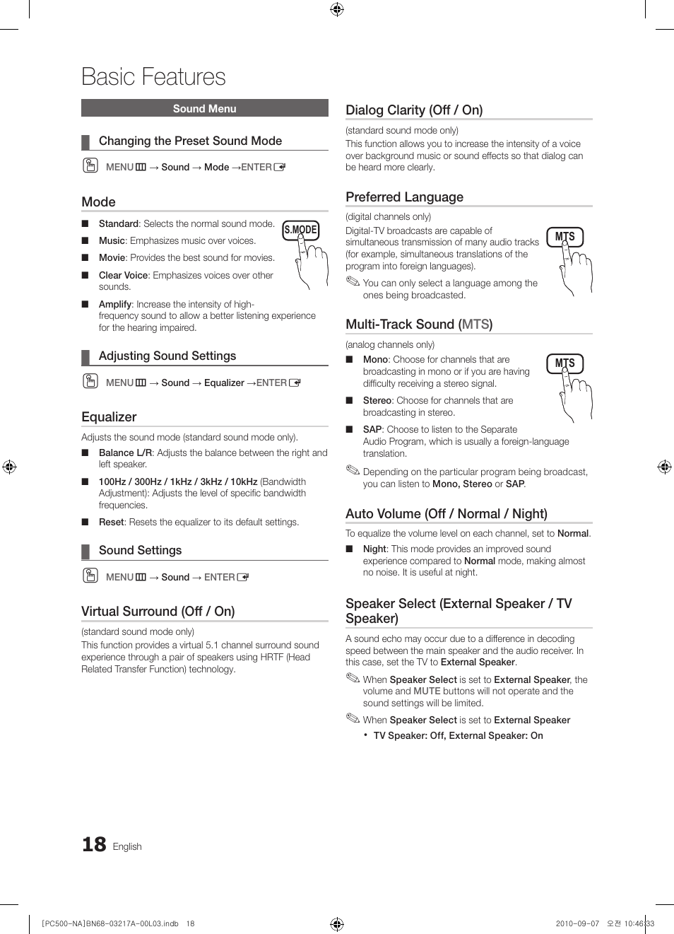 Basic features | Samsung PN58C500G2FXZA User Manual | Page 18 / 156