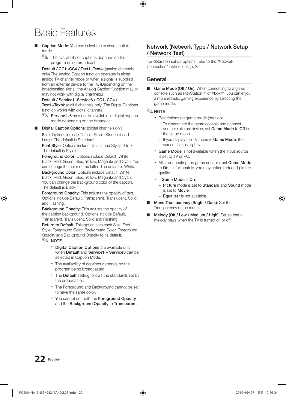 Basic features | Samsung PN58C500G2FXZA User Manual | Page 22 / 156