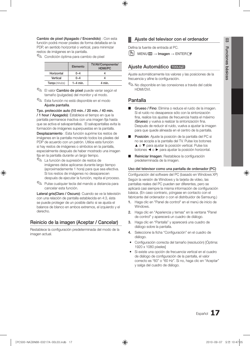 Reinicio de la imagen (aceptar / cancelar), Ajuste automático, Pantalla | Samsung PN58C500G2FXZA User Manual | Page 69 / 156