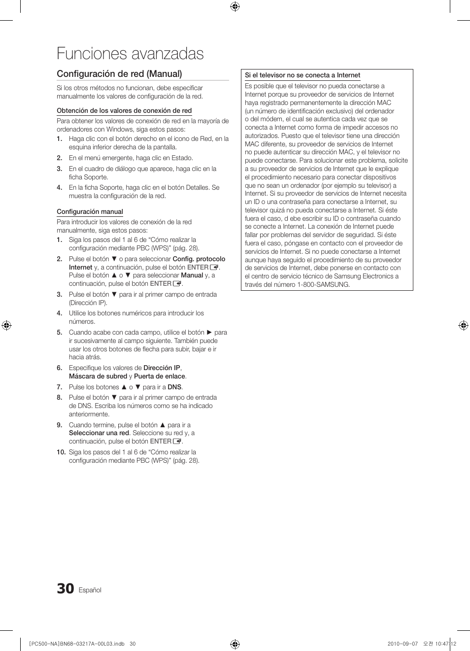 Funciones avanzadas, Configuración de red (manual) | Samsung PN58C500G2FXZA User Manual | Page 82 / 156