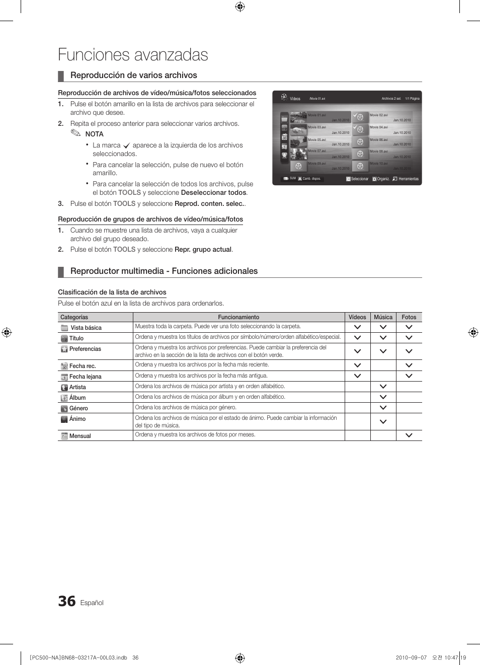 Funciones avanzadas, Reproducción de varios archivos, Reproductor multimedia - funciones adicionales | Samsung PN58C500G2FXZA User Manual | Page 88 / 156