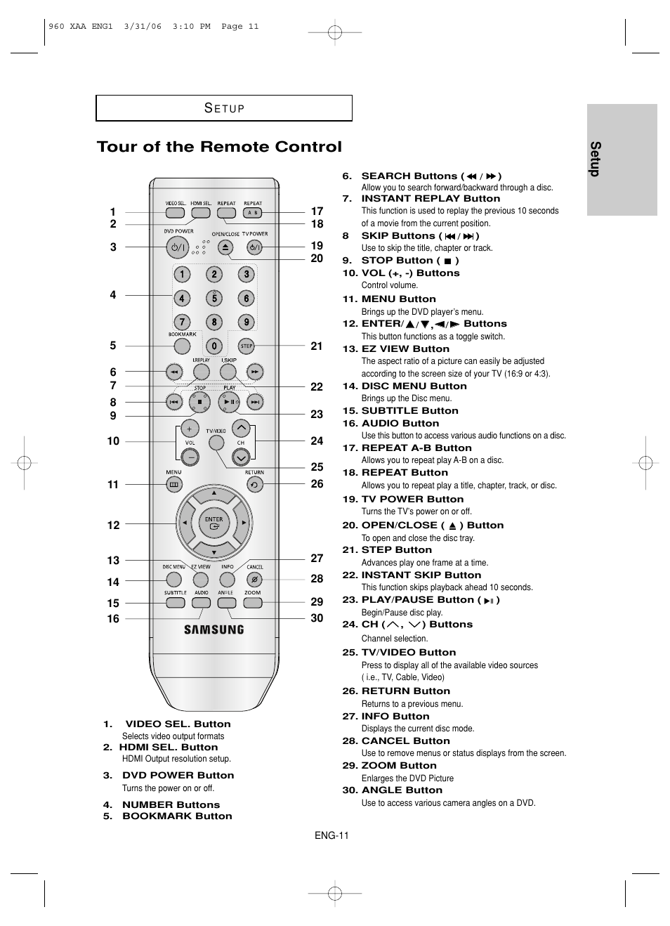Tour of the remote control, Setup s | Samsung DVD-HD960-XAA User Manual | Page 11 / 64