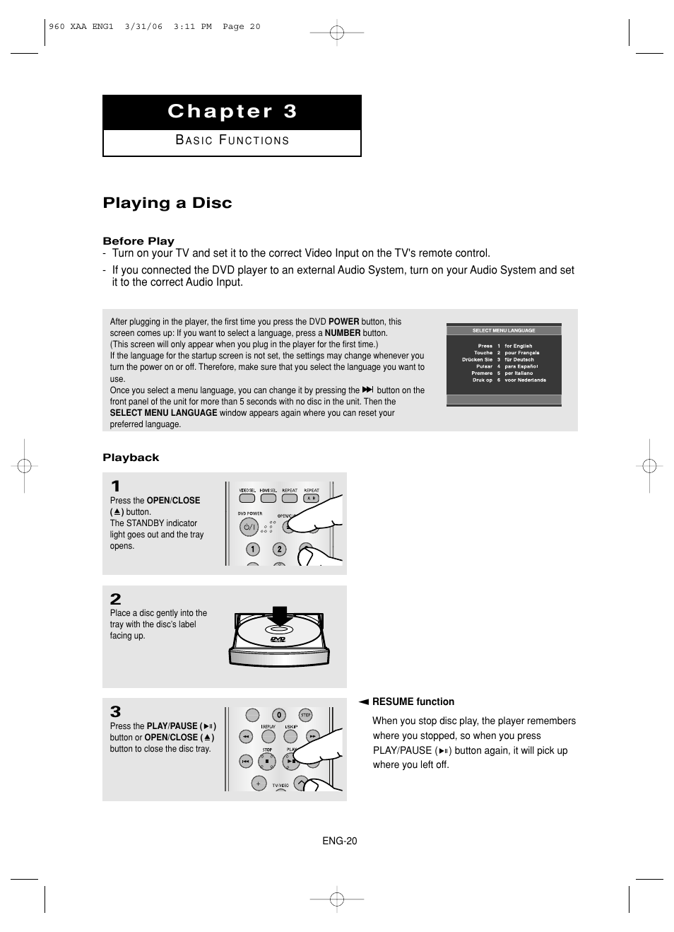 Chapter 3 basic functions, Playing a disc | Samsung DVD-HD960-XAA User Manual | Page 20 / 64