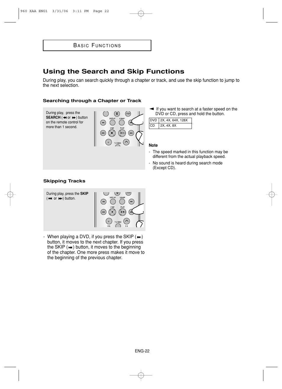 Using the search and skip functions | Samsung DVD-HD960-XAA User Manual | Page 22 / 64