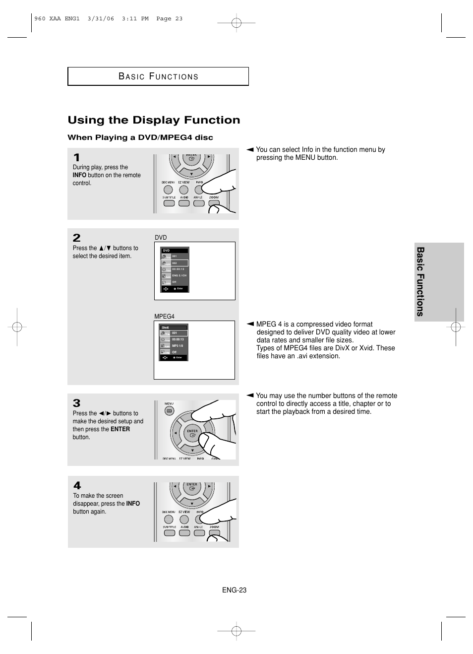 Using the display function, Basic functions b | Samsung DVD-HD960-XAA User Manual | Page 23 / 64