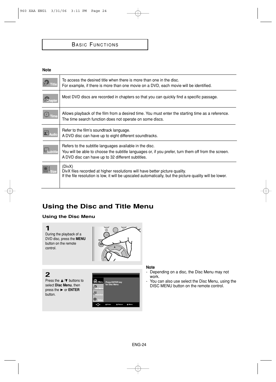 Using the disc and title menu | Samsung DVD-HD960-XAA User Manual | Page 24 / 64