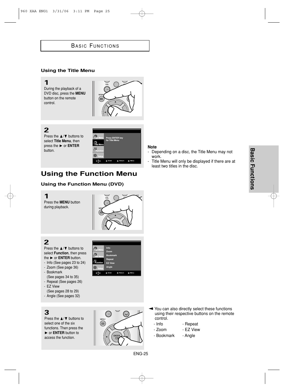 Using the function menu, Basic functions b | Samsung DVD-HD960-XAA User Manual | Page 25 / 64
