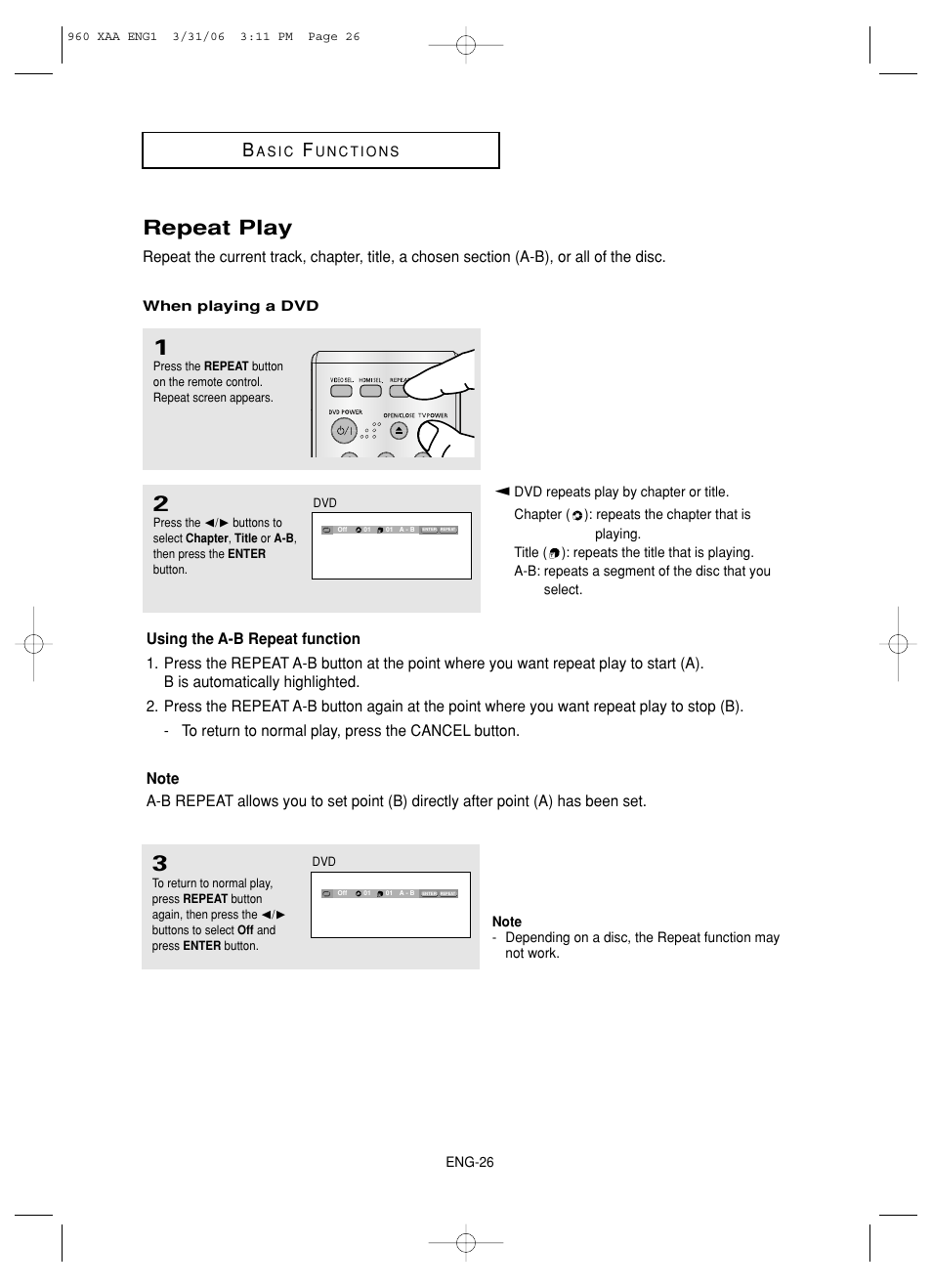 Repeat play | Samsung DVD-HD960-XAA User Manual | Page 26 / 64