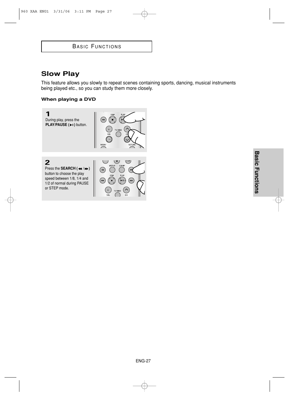 Slow play, Basic functions b | Samsung DVD-HD960-XAA User Manual | Page 27 / 64
