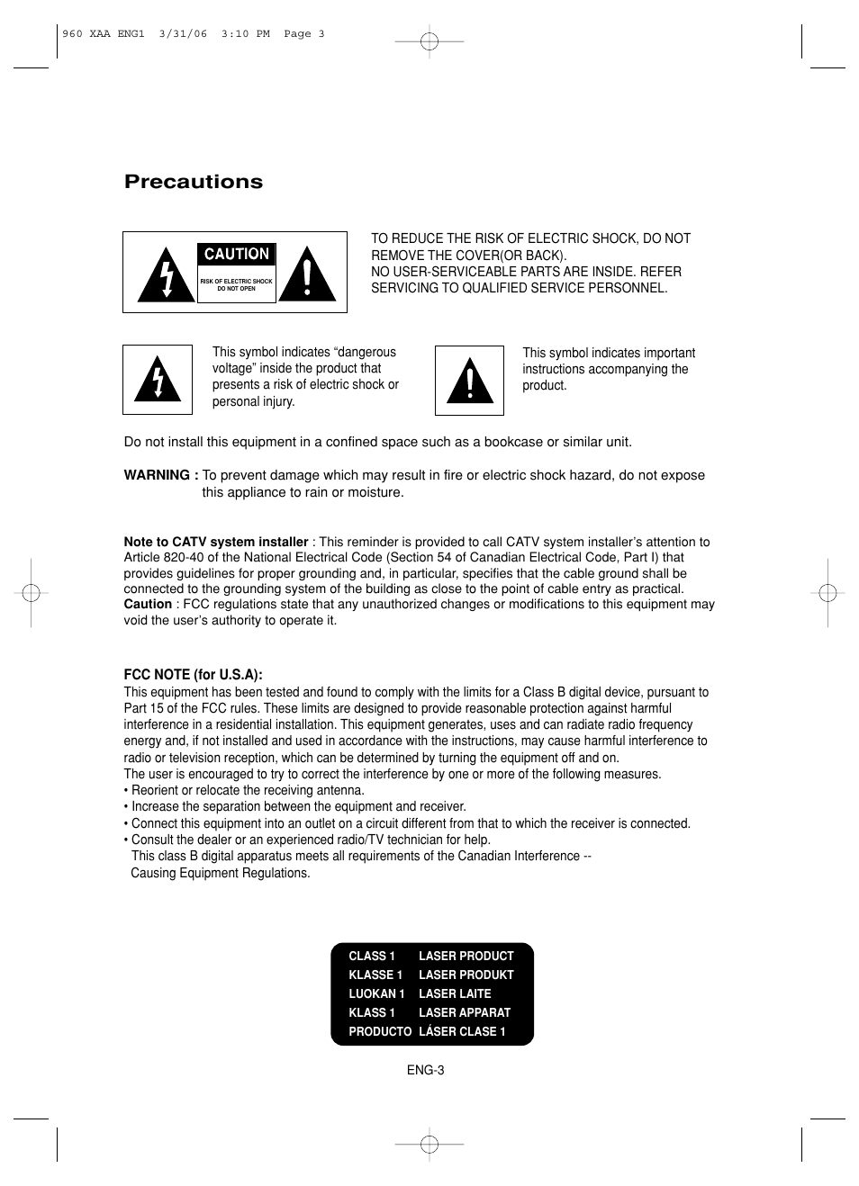 Precautions | Samsung DVD-HD960-XAA User Manual | Page 3 / 64