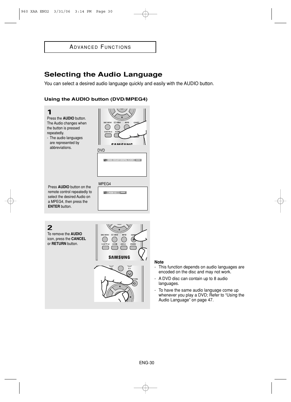Selecting the audio language | Samsung DVD-HD960-XAA User Manual | Page 30 / 64