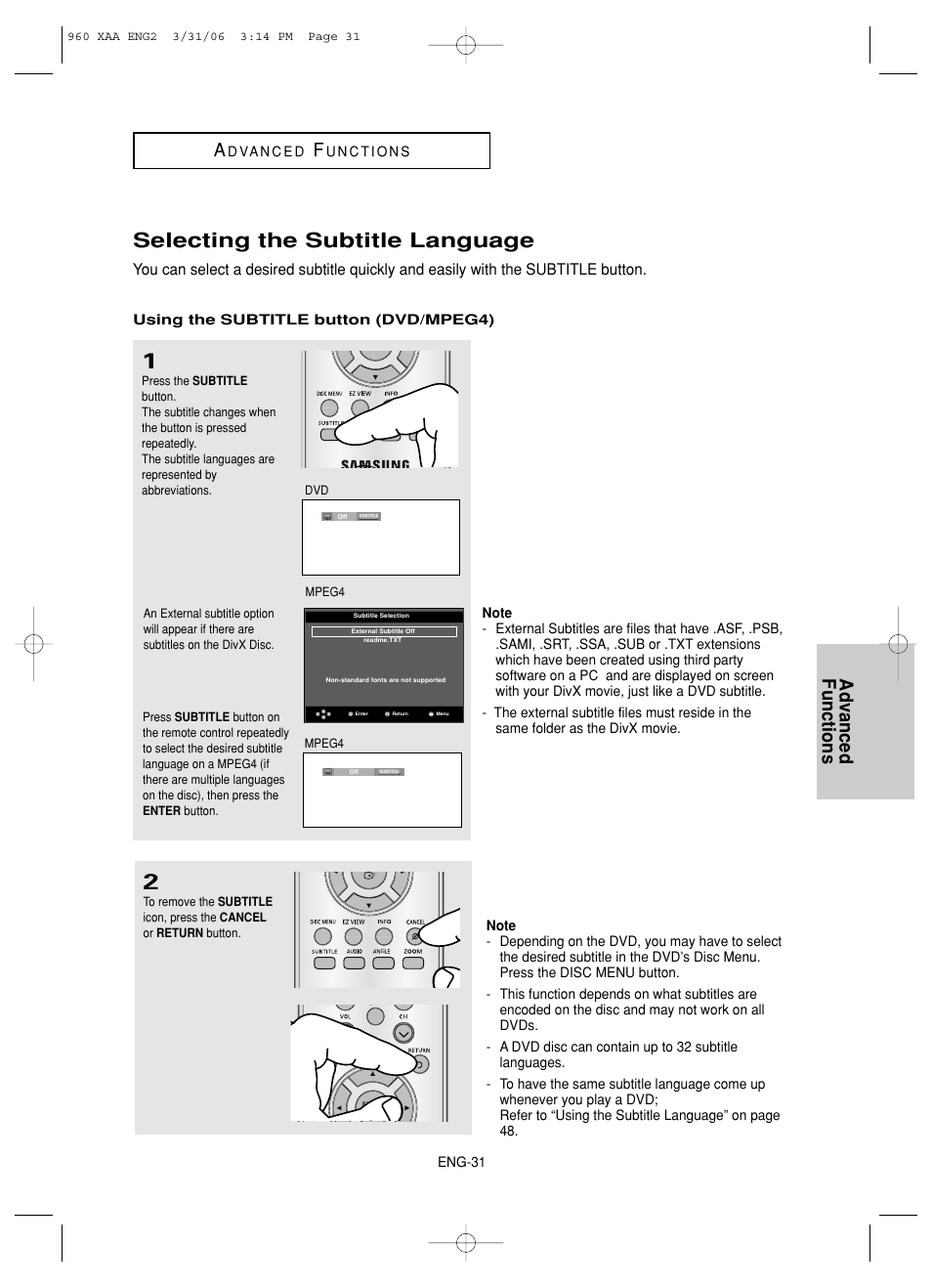 Selecting the subtitle language, Advanced functions a | Samsung DVD-HD960-XAA User Manual | Page 31 / 64