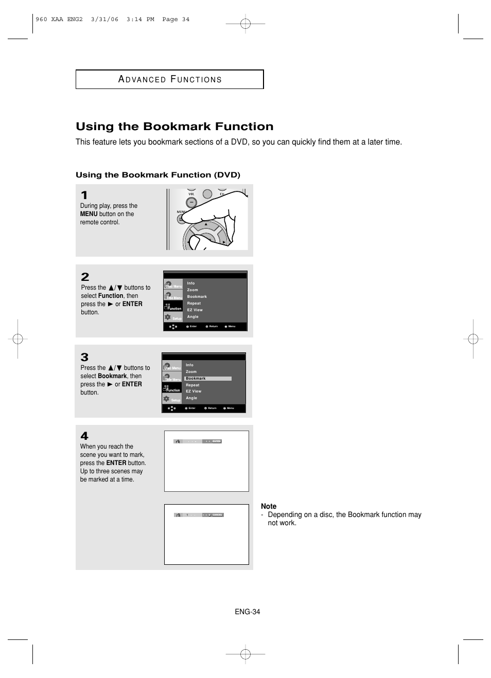 Using the bookmark function | Samsung DVD-HD960-XAA User Manual | Page 34 / 64