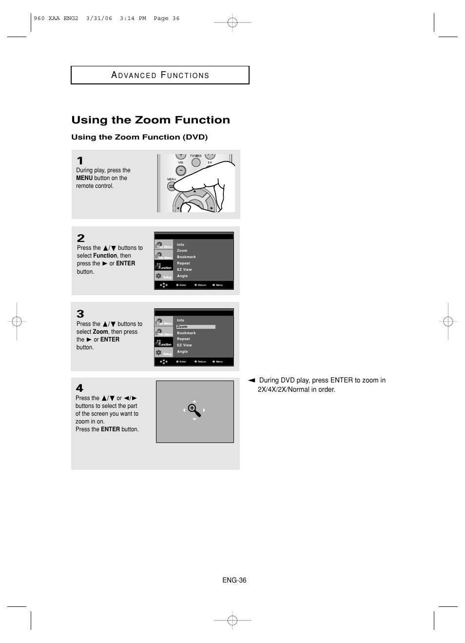 Using the zoom function | Samsung DVD-HD960-XAA User Manual | Page 36 / 64
