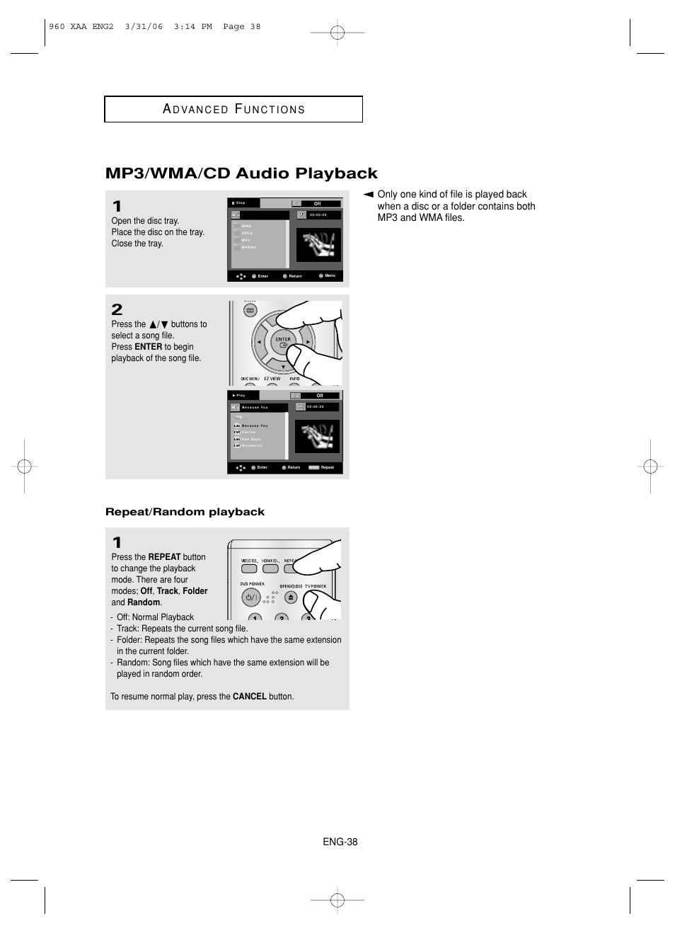 Mp3/wma/cd audio playback, Eng-38, Repeat/random playback | Samsung DVD-HD960-XAA User Manual | Page 38 / 64