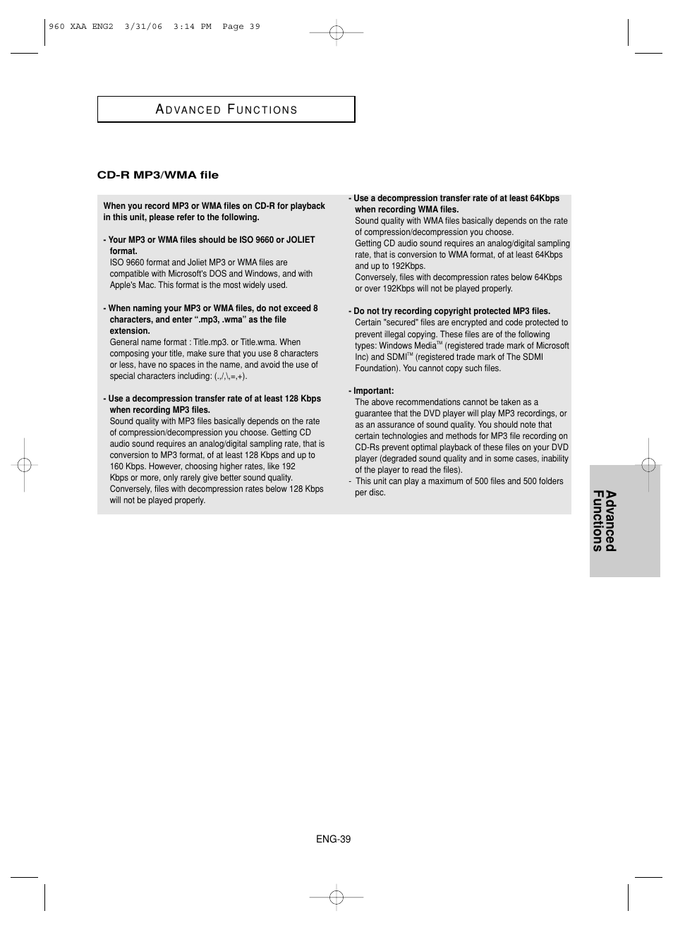 Advanced functions a | Samsung DVD-HD960-XAA User Manual | Page 39 / 64