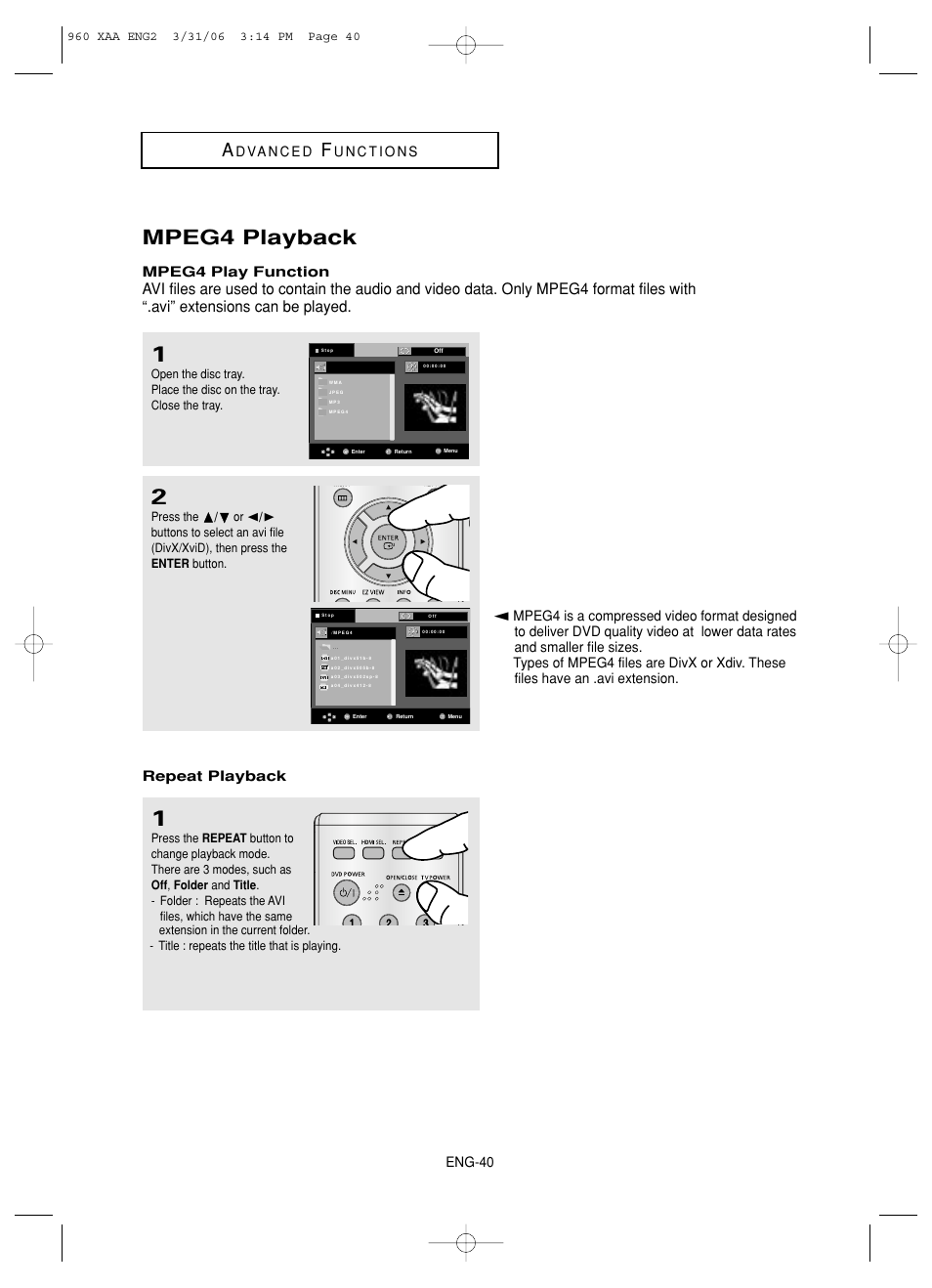 Mpeg4 playback, Eng-40, Mpeg4 play function | Repeat playback | Samsung DVD-HD960-XAA User Manual | Page 40 / 64