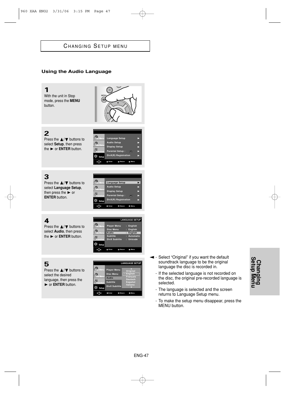 Changing setup menu, Eng-47, Using the audio language | Samsung DVD-HD960-XAA User Manual | Page 47 / 64