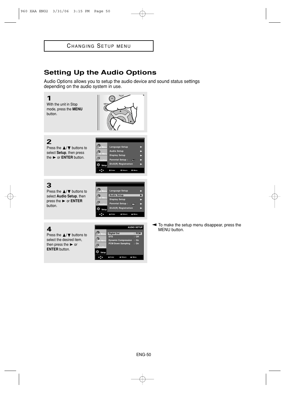 Setting up the audio options, Eng-50 | Samsung DVD-HD960-XAA User Manual | Page 50 / 64