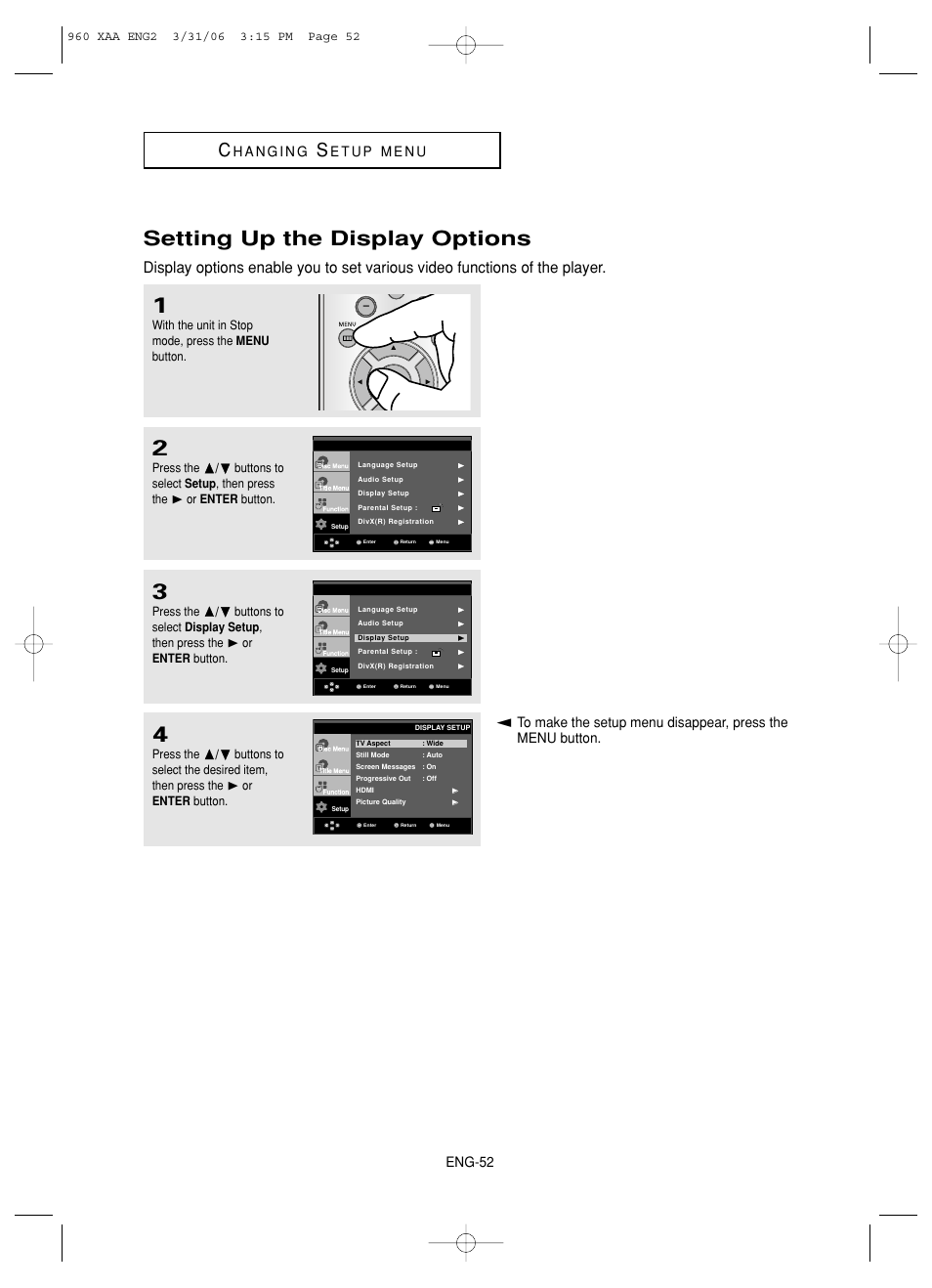 Setting up the display options, Eng-52 | Samsung DVD-HD960-XAA User Manual | Page 52 / 64