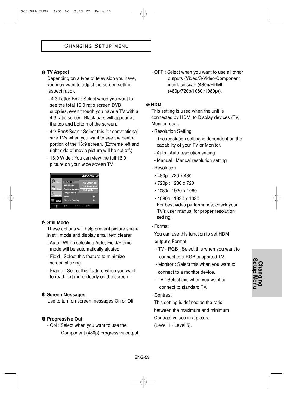 Changing setup menu c | Samsung DVD-HD960-XAA User Manual | Page 53 / 64