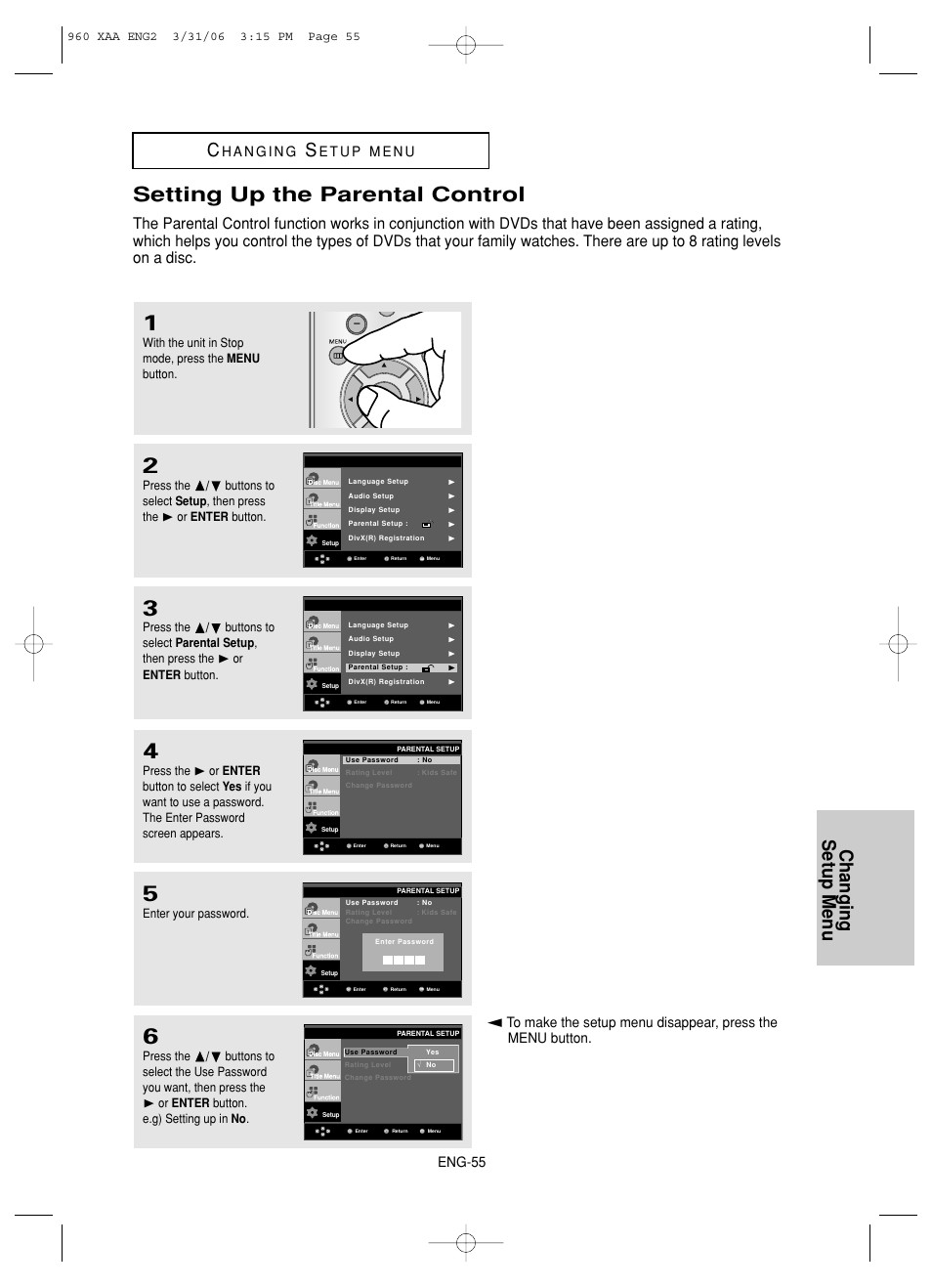 Setting up the parental control, Changing setup menu, Eng-55 | Samsung DVD-HD960-XAA User Manual | Page 55 / 64