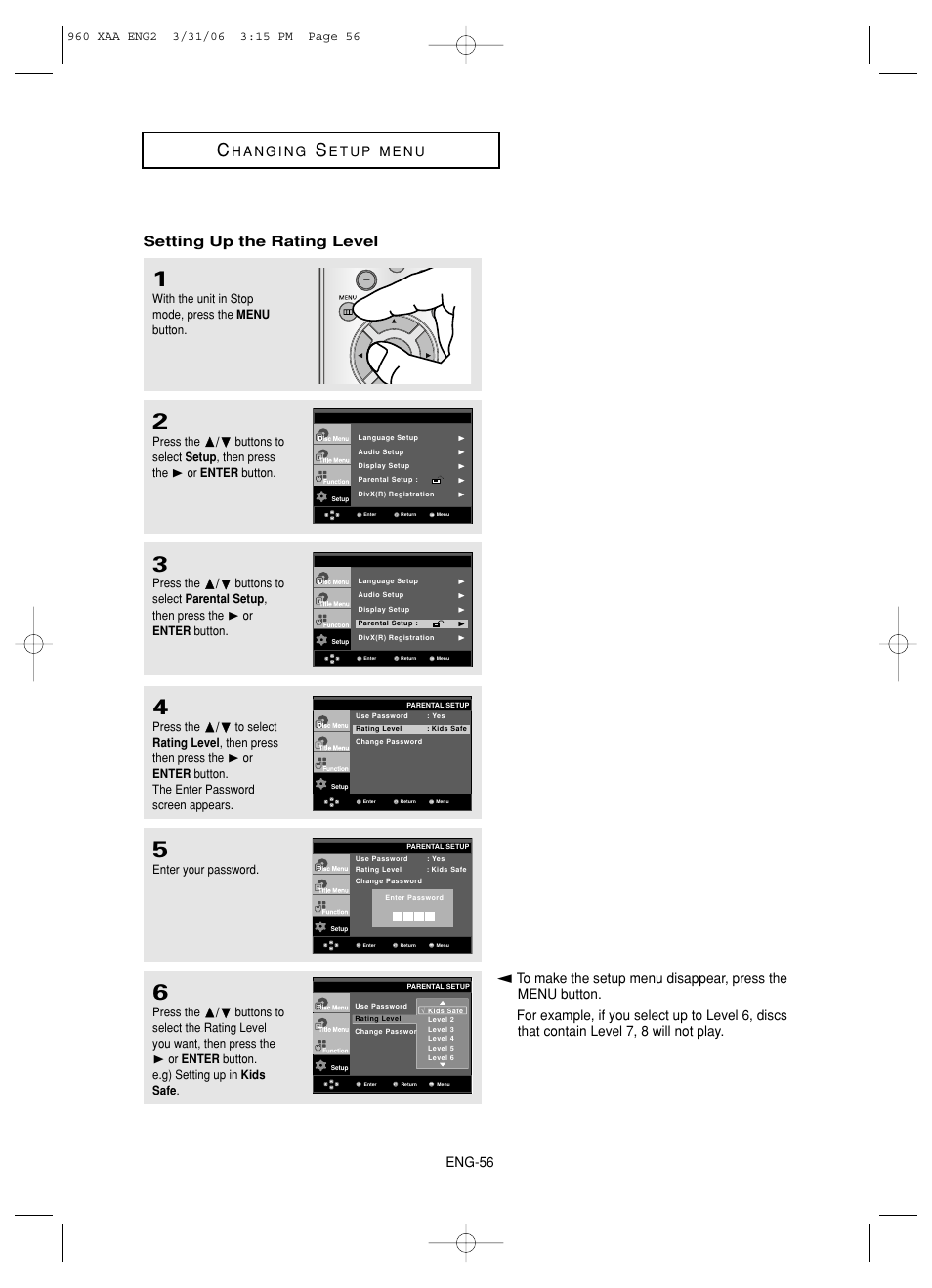 Eng-56, Setting up the rating level | Samsung DVD-HD960-XAA User Manual | Page 56 / 64