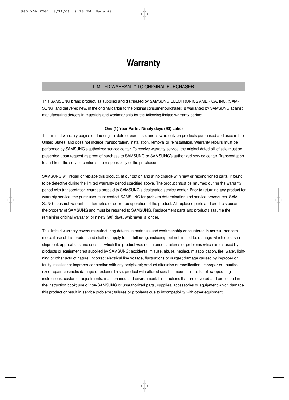 Warranty | Samsung DVD-HD960-XAA User Manual | Page 63 / 64