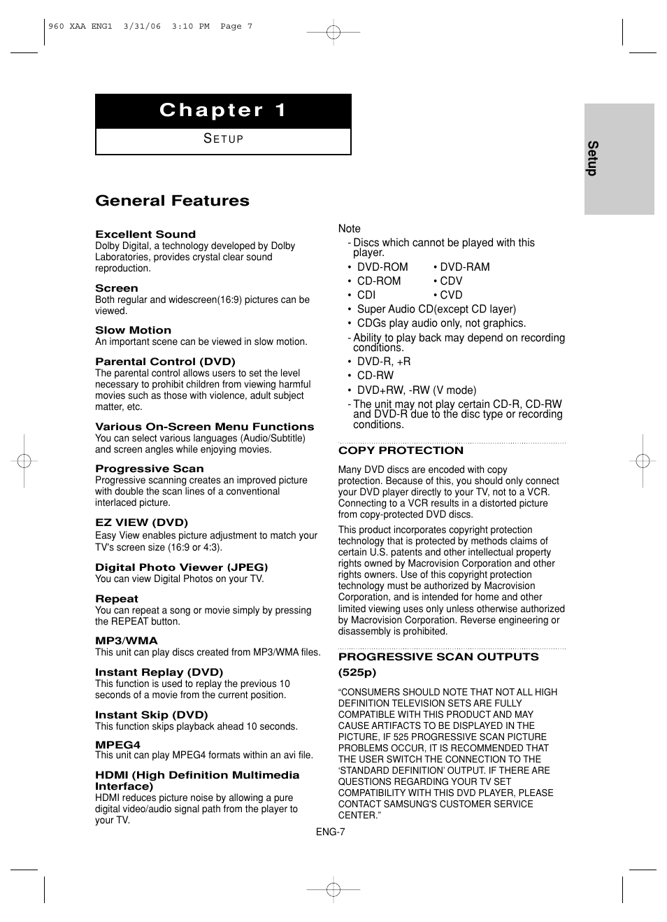 Chapter 1 setup, General features, Setup | Samsung DVD-HD960-XAA User Manual | Page 7 / 64