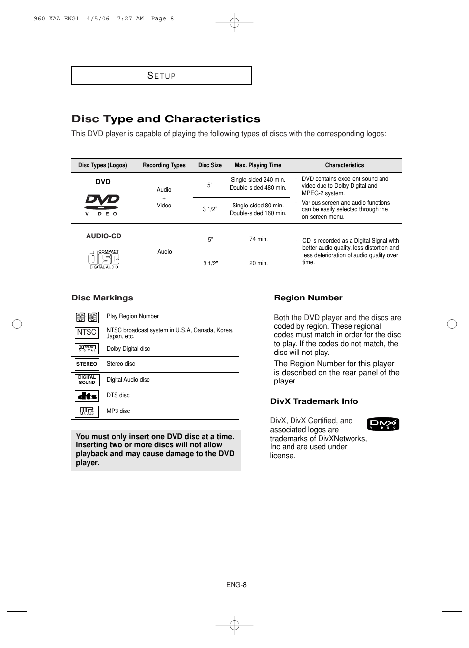 Disc type and characteristics, Disc t ype and characteristics | Samsung DVD-HD960-XAA User Manual | Page 8 / 64