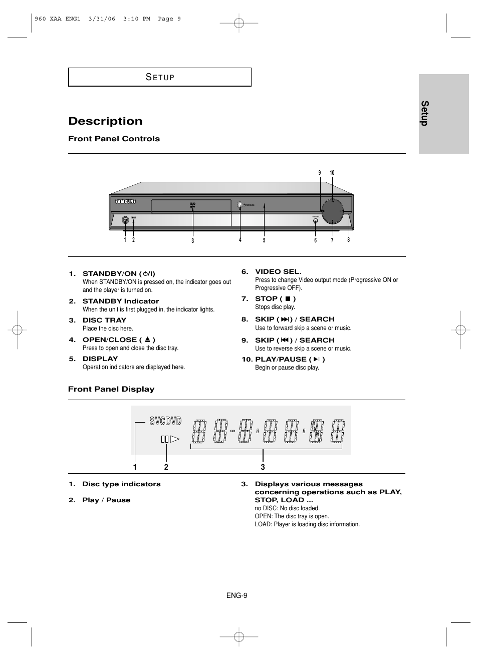 Description, Setup | Samsung DVD-HD960-XAA User Manual | Page 9 / 64