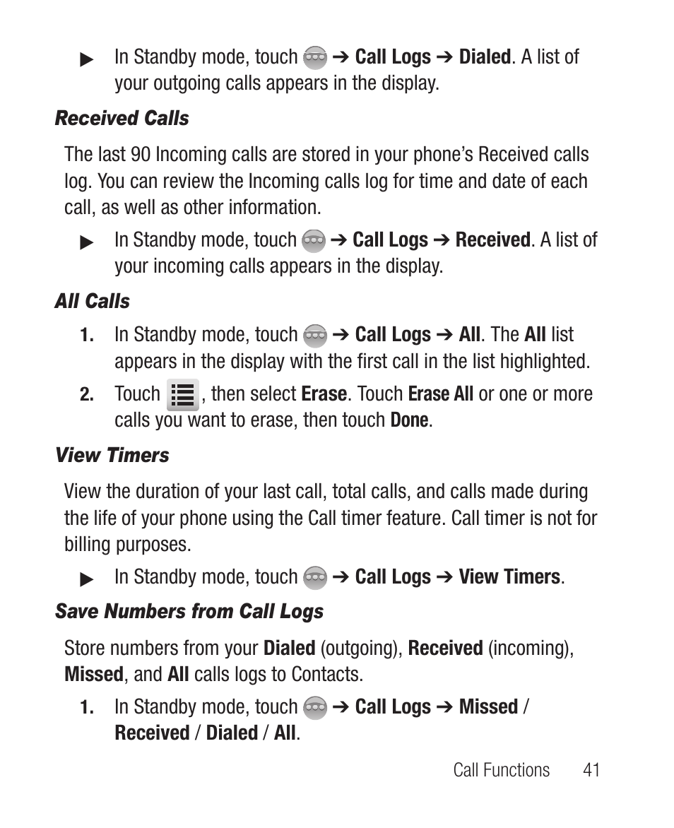 Received calls, All calls, View timers | Save numbers from call logs | Samsung SCH-R631DWACRI User Manual | Page 45 / 145