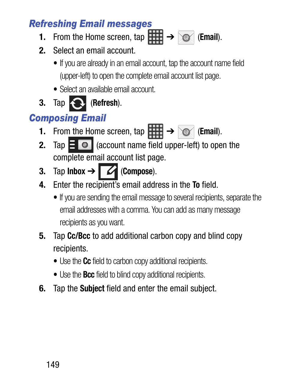 Refreshing email messages, Composing email | Samsung SM-S890LZKATFN User Manual | Page 156 / 459