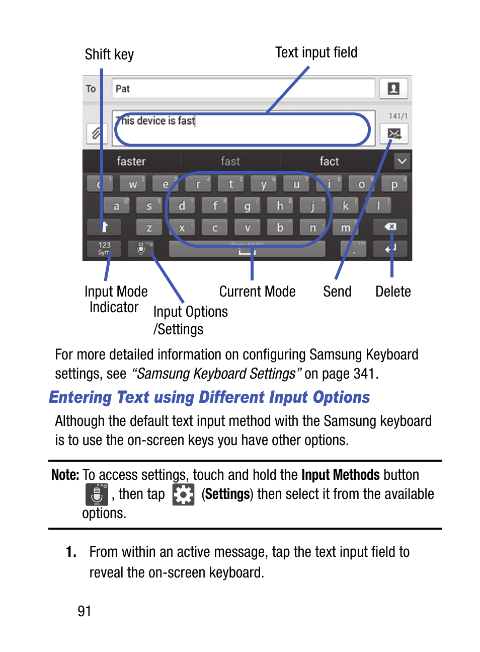 Entering text using different input options | Samsung SM-S890LZKATFN User Manual | Page 98 / 459